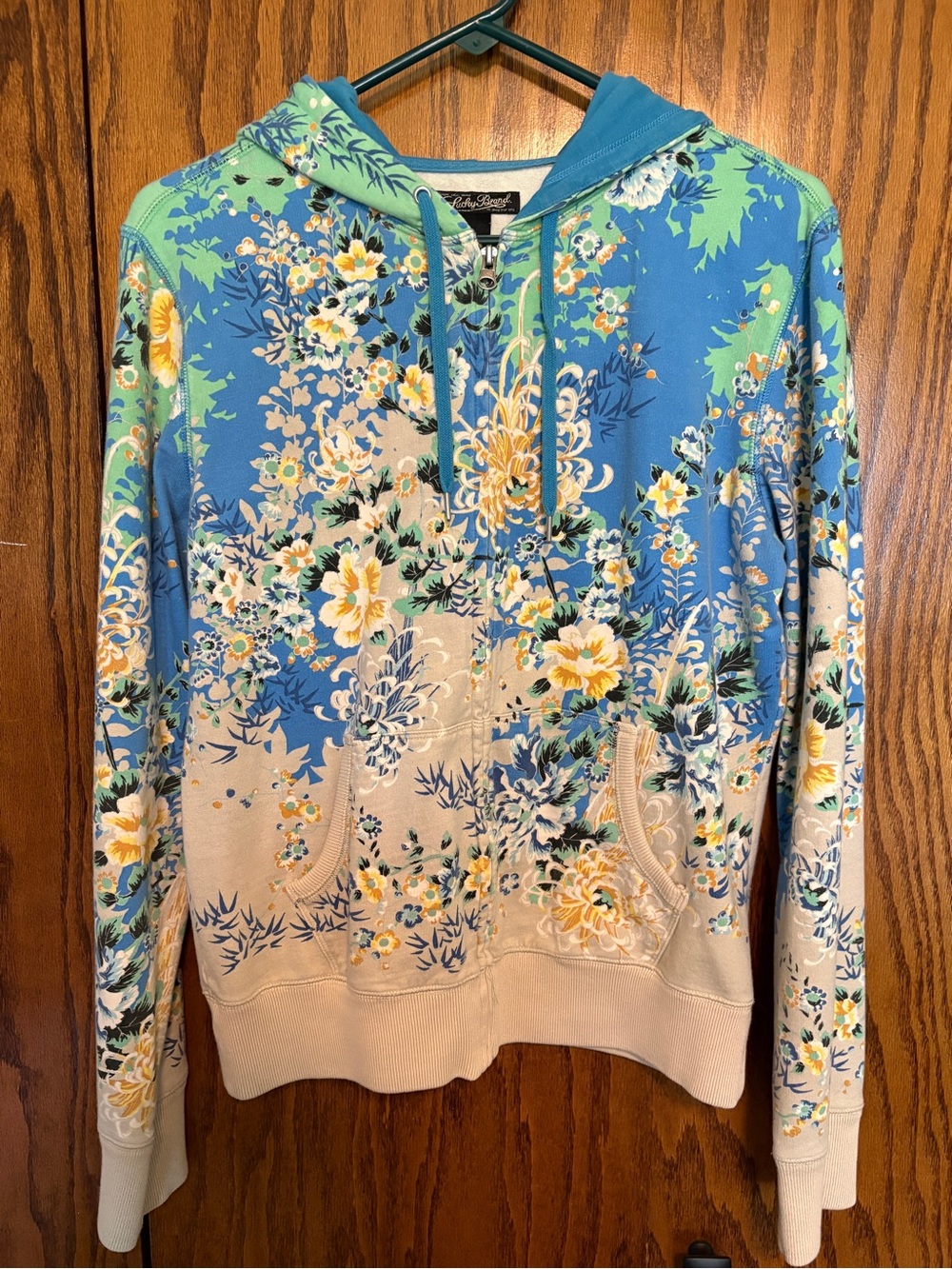 Lucky Brand Blue Floral Hooded Sweatshirt with Cream Accents
